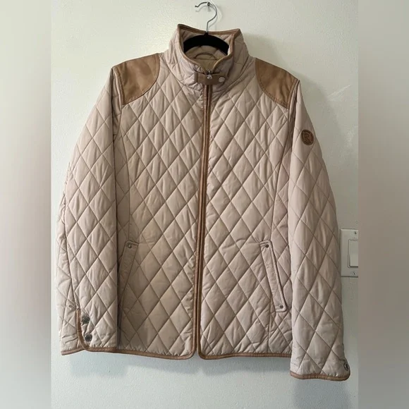 Ralph Lauren Diamond Quilted Barn Jacket With Faux Leather Trim Oatmeal Size M - Picture 2 of 13